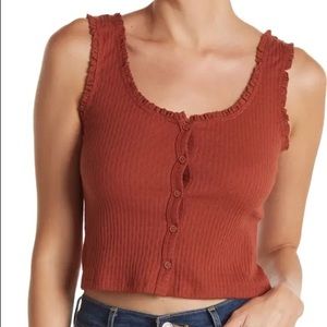 MAUBY Ribbed Ruffled Knit Cropped Button Front Tank Rust Size L